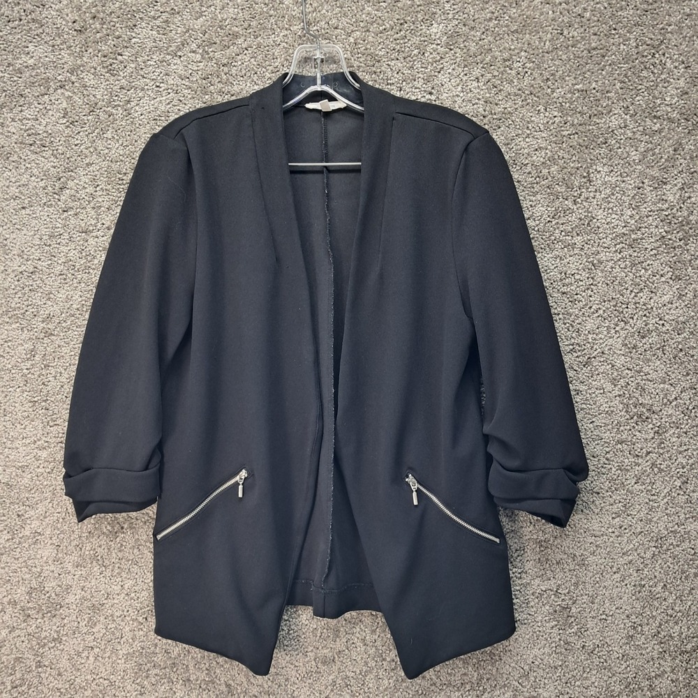 Maurices Womens Black Open Front Blazer Ruched 3/4 Sleeve Zip Pocket Size M